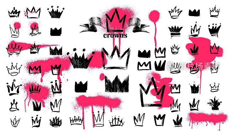 Mega Set of Crown标志涂鸦图标。黑色元素手绘。矢量插图。孤立在白色背景上。